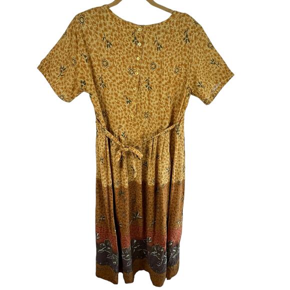 Pretty Pink Vintage Yellow Floral Short Sleeve Long Lightweight Dress Pockets L - Picture 2 of 6